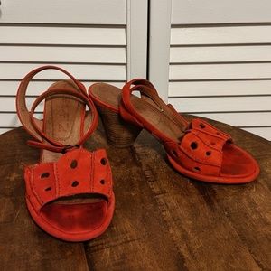 Red Leather Scalloped Wrap Sandal